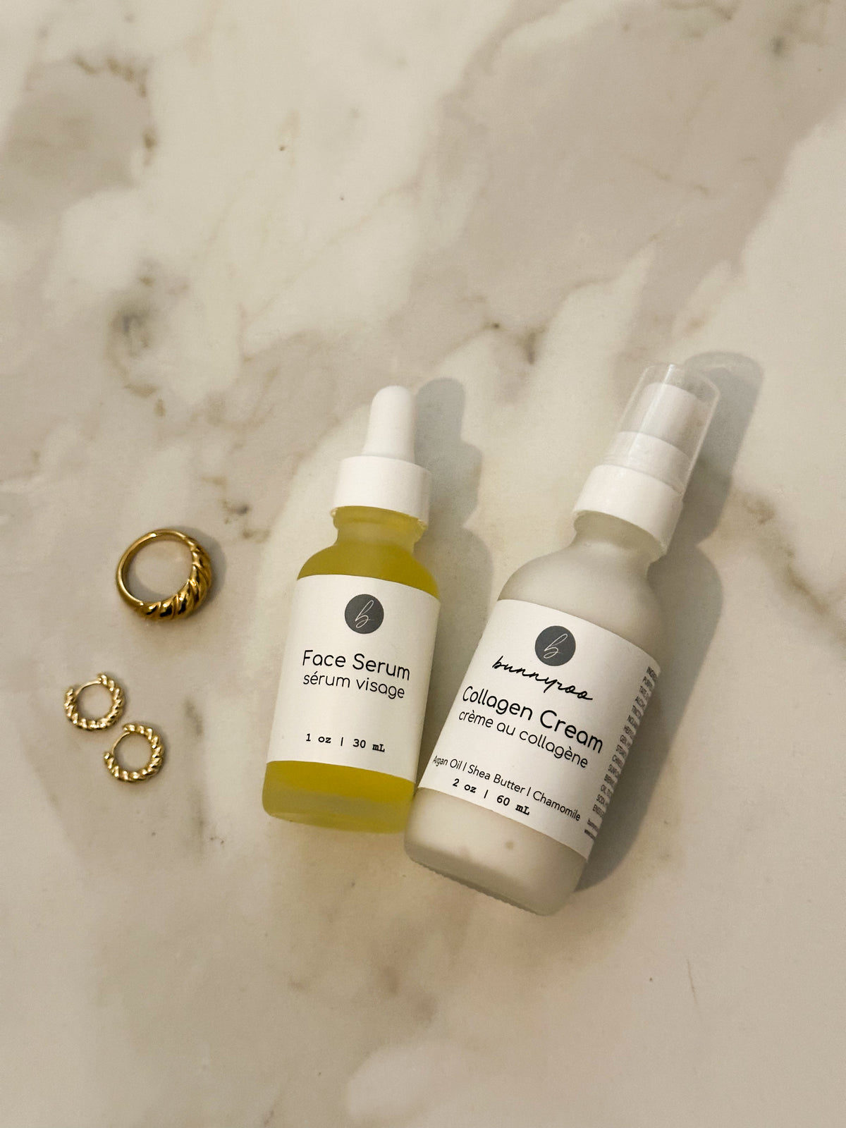 Face Revival Duo: brightening Face Serum and firming Collagen Cream for a radiant glow.